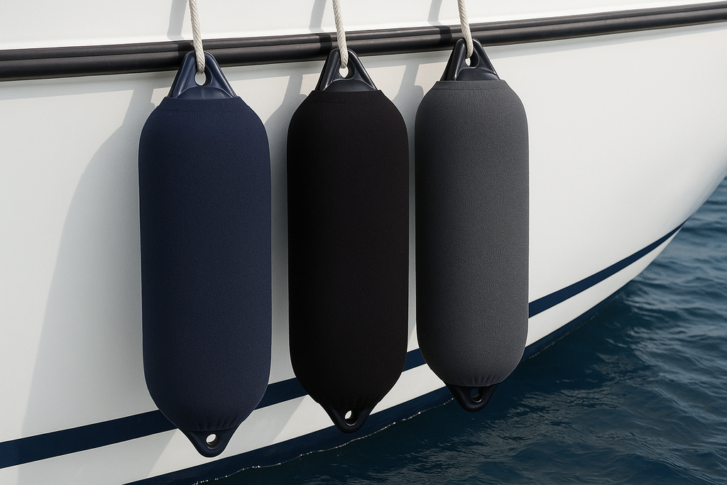 Luxury yacht fender cover by Marine by NH protecting boat hull

UV-resistant embroidered boat fender cover hanging from yacht

Marine by NH fender covers in navy, black, and gray on white boat

Close-up of soft marine fabric fender cover with stitched logo

Yacht docked with elegant embroidered fender covers protecting sides

Set of premium boat fender covers made from durable marine-grade fabric

Fender cover detail showing Marine by NH embroidery and smooth texture