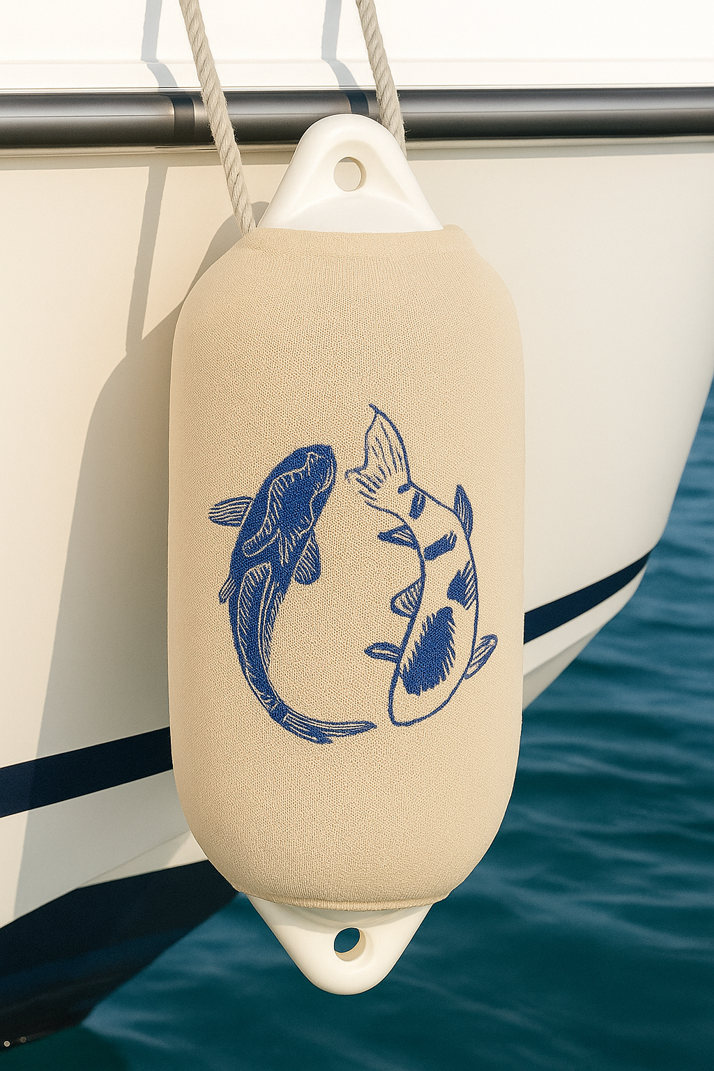 Custom embroidered yacht fender cover with personalized logo by Marine by NH

Set of custom fender covers in various colors on yacht

Luxury custom marine fender cover with stitched logo detail