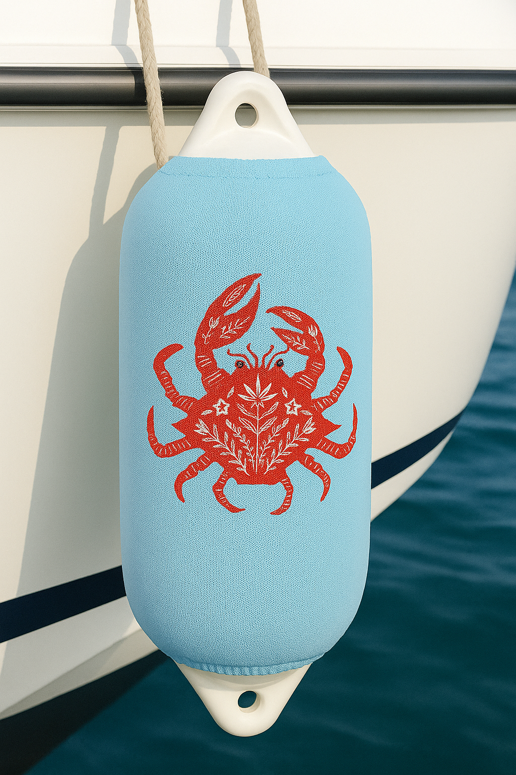 Custom embroidered yacht fender cover with personalized logo by Marine by NH

Set of custom fender covers in various colors on yacht

Luxury custom marine fender cover with stitched logo detail