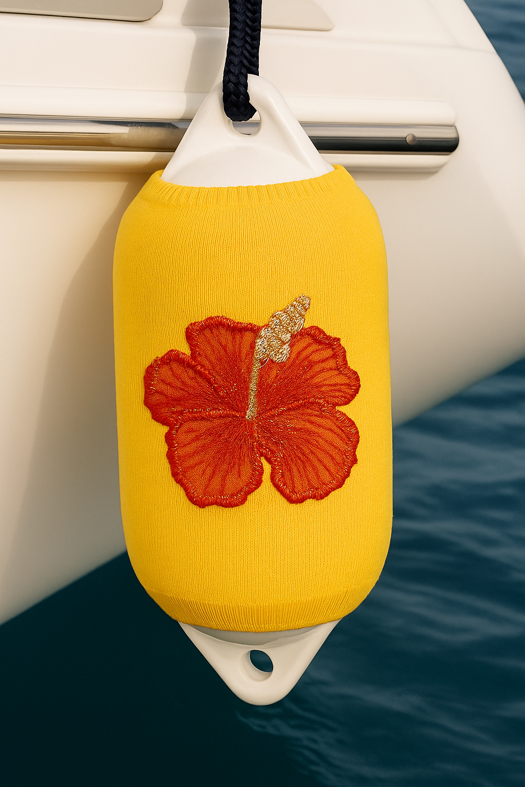 Custom embroidered yacht fender cover with personalized logo by Marine by NH

Set of custom fender covers in various colors on yacht

Luxury custom marine fender cover with stitched logo detail