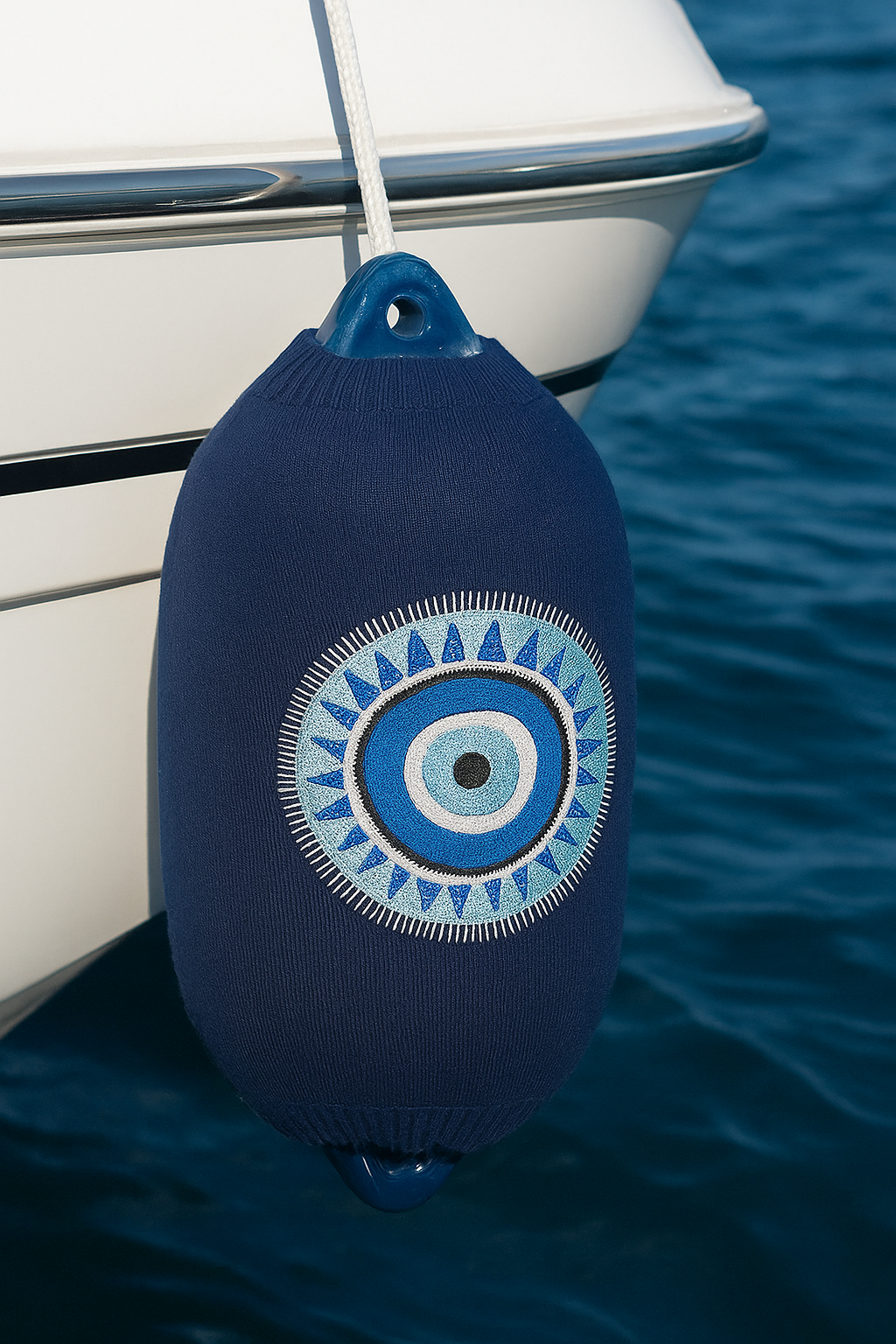 Custom embroidered yacht fender cover with personalized logo by Marine by NH

Set of custom fender covers in various colors on yacht

Luxury custom marine fender cover with stitched logo detail